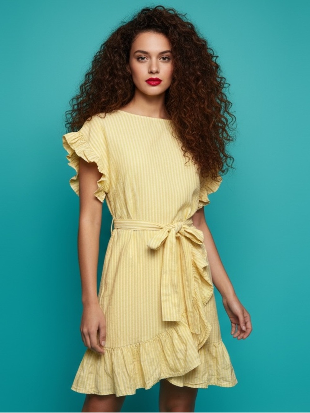 Joe Fresh Jillian Harris Yellow Stripe Ruffle Skirt Linen Blend Dress Size M